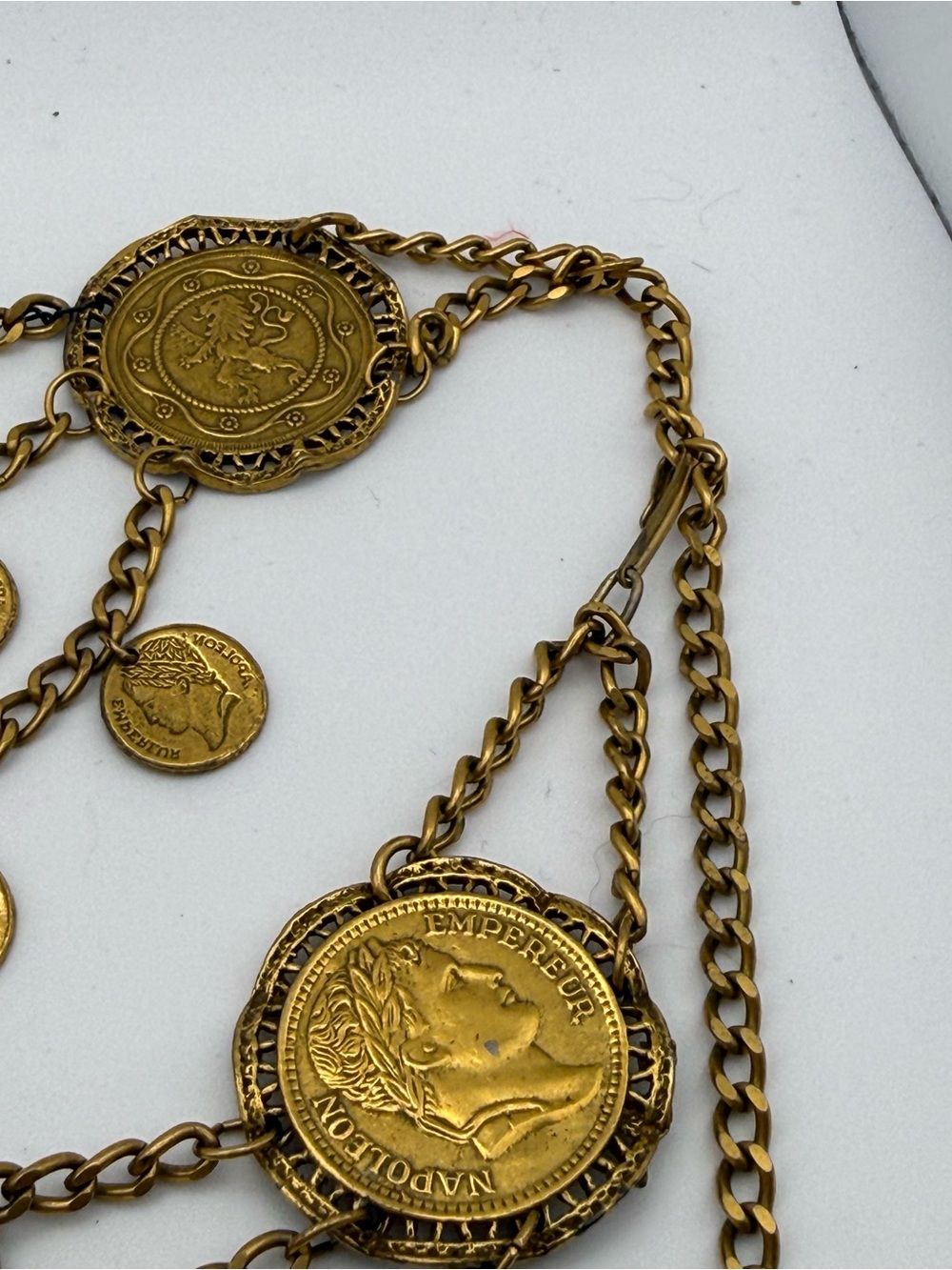 Vtg Napoleon Lion Coin Statement Couture Belt Gold Tone 39” Double Sided Coins - Picture 9 of 9